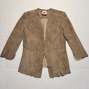 VINTAGE Women’s Tan Suede Open Front Jacket Pleated Details Side Pockets Fitted